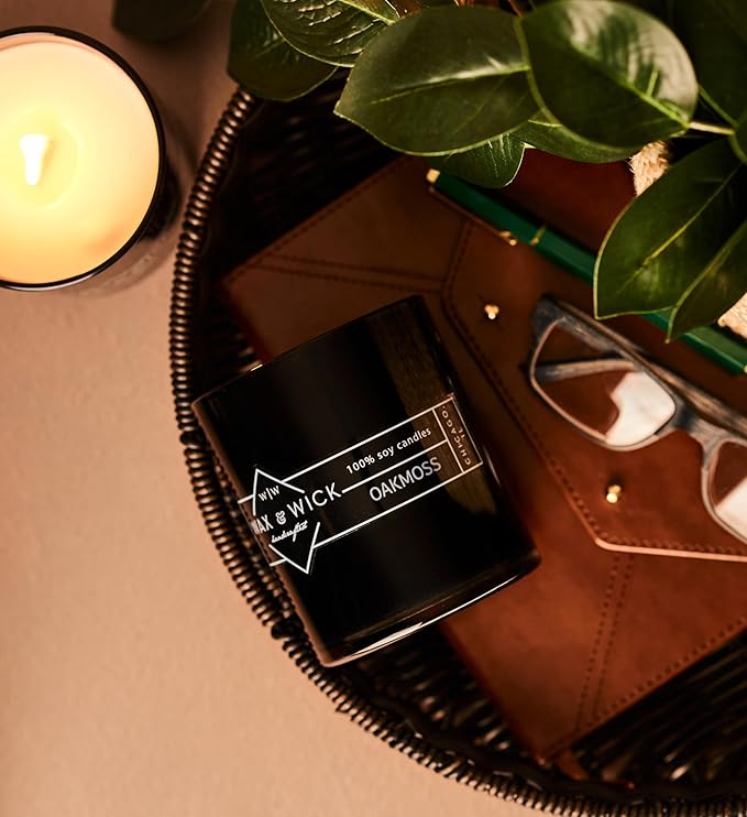 Wax and Wick 12oz Scented Candle for Men, 100% Soy Wax, Double Wood Wick, Black Jar, Oakmoss Scent, Long Lasting, Masculine Scents, Perfect for Home, Mancave, Bachelor Pad, Men's Gift - Made in USA