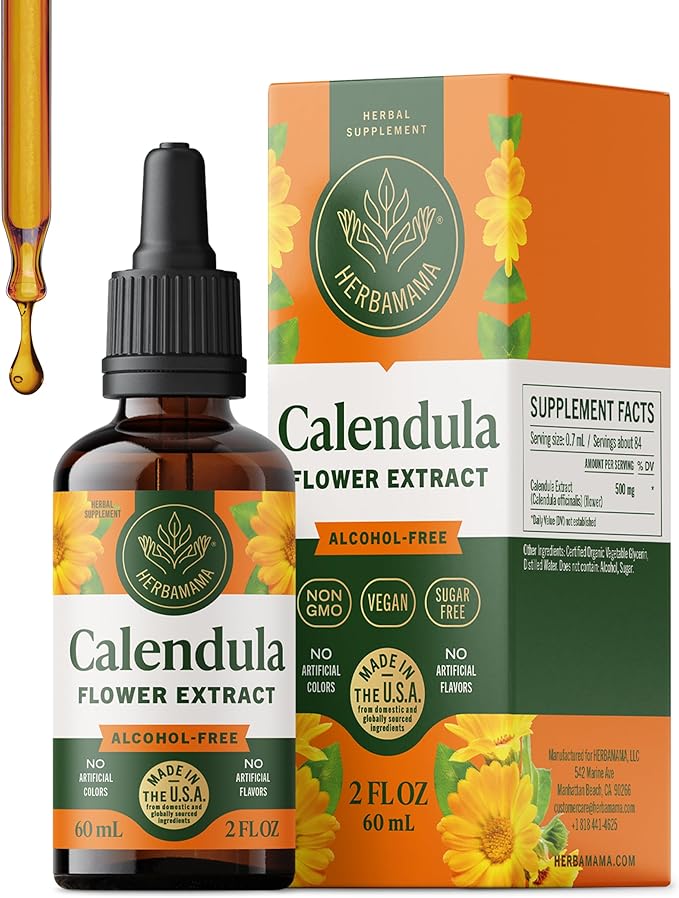 HERBAMAMA Calendula Tincture - Vegan Antioxidant & Detox Support with Calendula Extract Drops - Non-GMO, Alcohol & Sugar-Free Liquid Supplement, 42-Day Supply