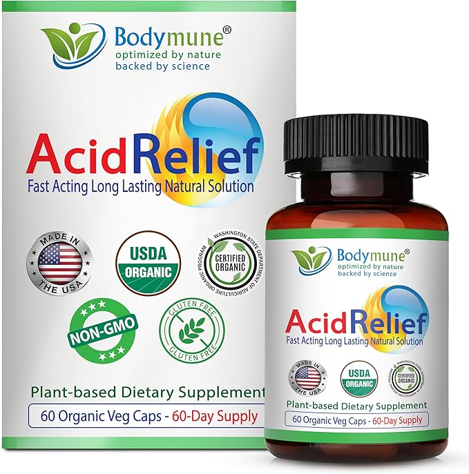 AcidRelief Acid Tamer | Promotes Stomach Comfort & Digestive Wellness* | Organic Herbal Blend for Gut Health* | Made in USA, USDA Organic, Vegan, Non-GMO, Gluten-Free | 60 Capsules