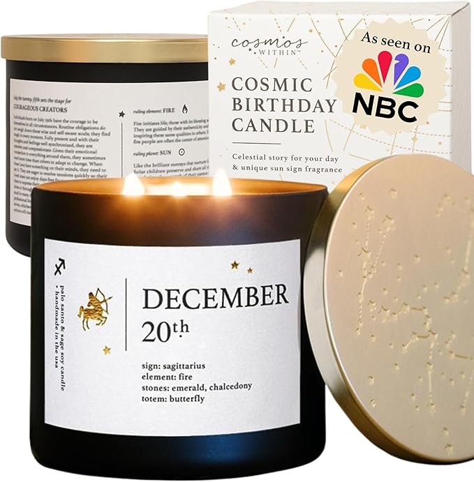 December 20th Personalized Zodiac Candle | Inspirational Astrology Reading and Daily Affirmation for Your Birthdate | Handmade Sagittarius Candles | Astrology Birthday Gifts for Women