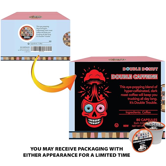 Double Donut Coffee High Caffeine Coffee Pods, Extra Strong Double Caffeine Coffee Cups for Keurig K Cup Brewer Machines Single Serve Dark Roast Coffee, 80 Count