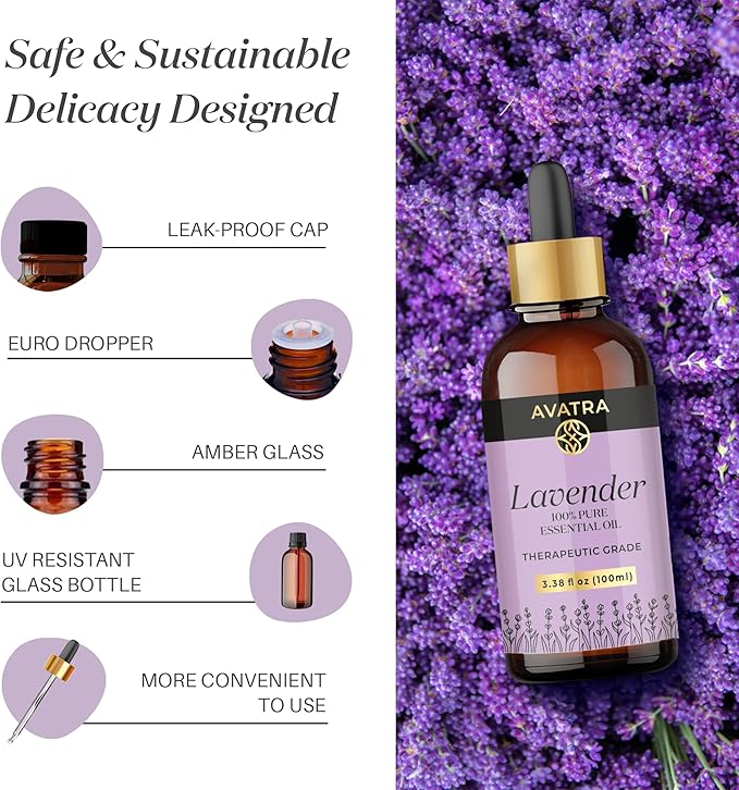 Avatra Essential Oil with Glass Dropper and Travel Bottle - 100% Pure and Natural - Essential Oils for Diffuser, Aromatherapy, Soap and Candle Making, Lavender Essential Oil, Lavender Oil, 3.38 Fl Oz