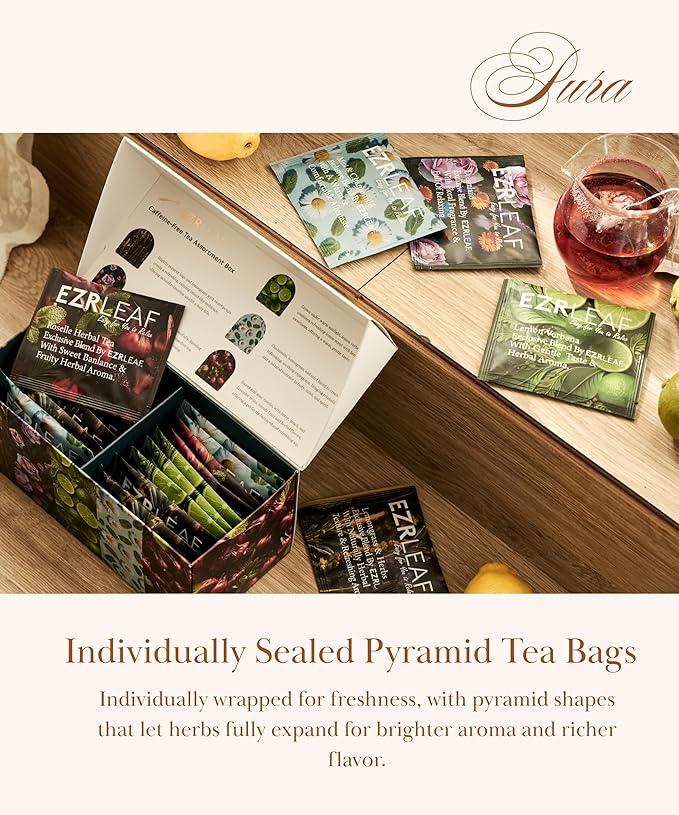 Decaf Herbal Tea Sampler – EZR Leaf 22ct Caffeine-Free Pyramid Bags, Assorted Fruit & Floral Blends with Lemon Verbena, Chamomile Mint, Dreamland, Roselle – Variety Tea Assotment Set for Tea Lovers
