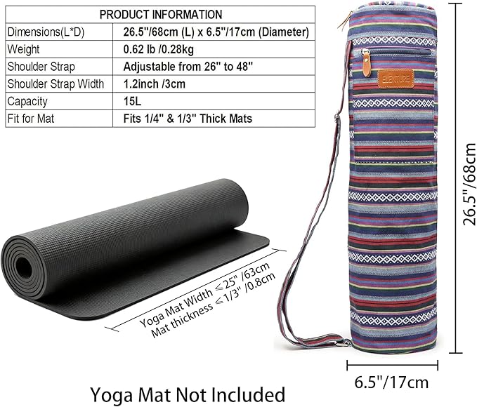 ELENTURE Canvas Yoga Mat Bag with Adjustable Strap & Pockets, Full-Zip Travel Gym Tote for Women & Men, Fits 1/4" & 1/3" Thick Mats, Lightweight Carrier for Yoga, Workout, Outdoor Use