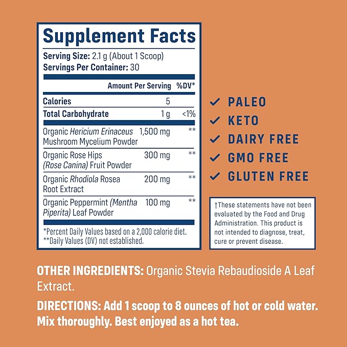 NativePath Native Mind Organic Adaptogen Herbal Support Blend - Organic Mushroom Drink Powder with Lion's Mane, Rhodiola & Rose HIPS - 30 Servings