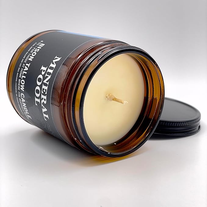 Big Crazy Buffalo Pure Bison Tallow Scented Candle, Mineral Pool, 8 oz - Scents of Himalayan Sea Salt, Moss, & Freesia - Pure, Low Smoke, Beeswax, Traditional Tallow, Glass Jar