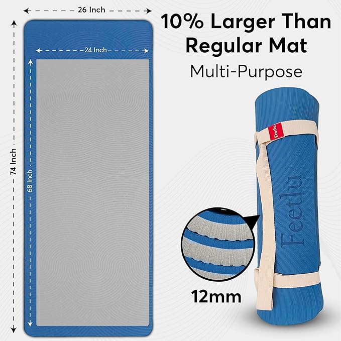 Feetlu Extra Thick 12mm Exercise Mat – Non-Slip, Joint-Friendly & Cushioned Fitness Mat for Yoga, Pilates & Floor Workouts – Durable, Supportive & Includes Feetlu Classic Strap