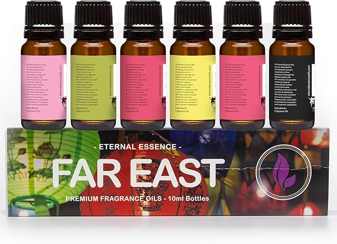 Eternal Essence Oils Far East Set of 6 Premium Fragrance Oils - Includes Water Lily, Bamboo & Teak, Frangipani, Azalea, Ylang Ylang and Dragon's Blood Scented Oils - 10ML