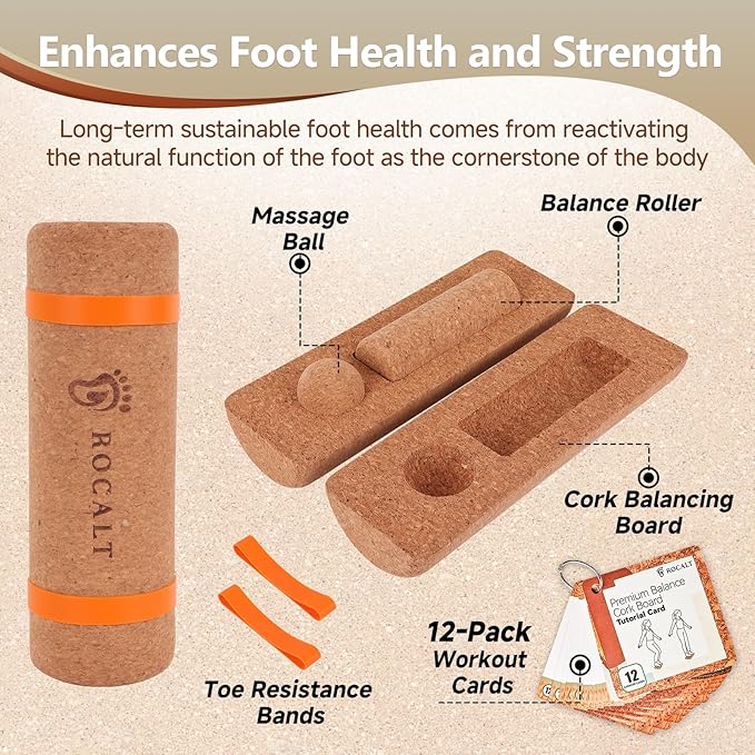 Rocalt Cork 4 In 1 Balance Board + 2 Pack Cork Yoga Blocks, Premium Cork Foot & Ankle Strengthener Kit, Half Moon Yoga Block & Calf Stretching