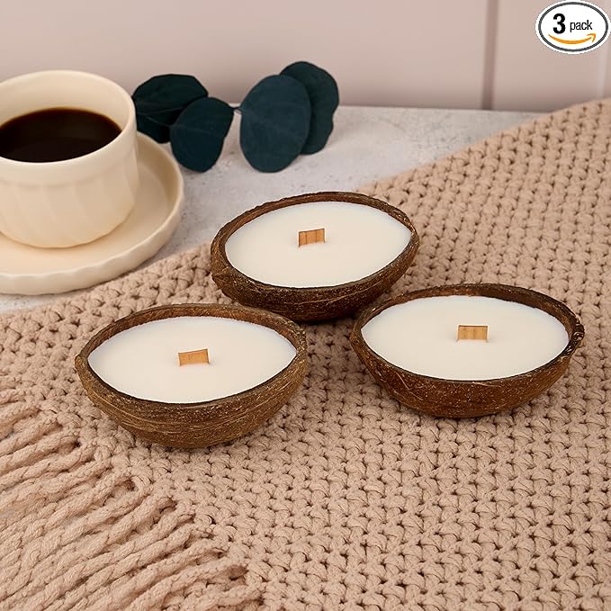 – Set of 3 Separate Scented Candles | Coconut Shell Soy Wax Candle with Wooden Wick | Candles for Home Décor | Gift Idea for Women (Pistachio/Salted Caramel/Coffee)