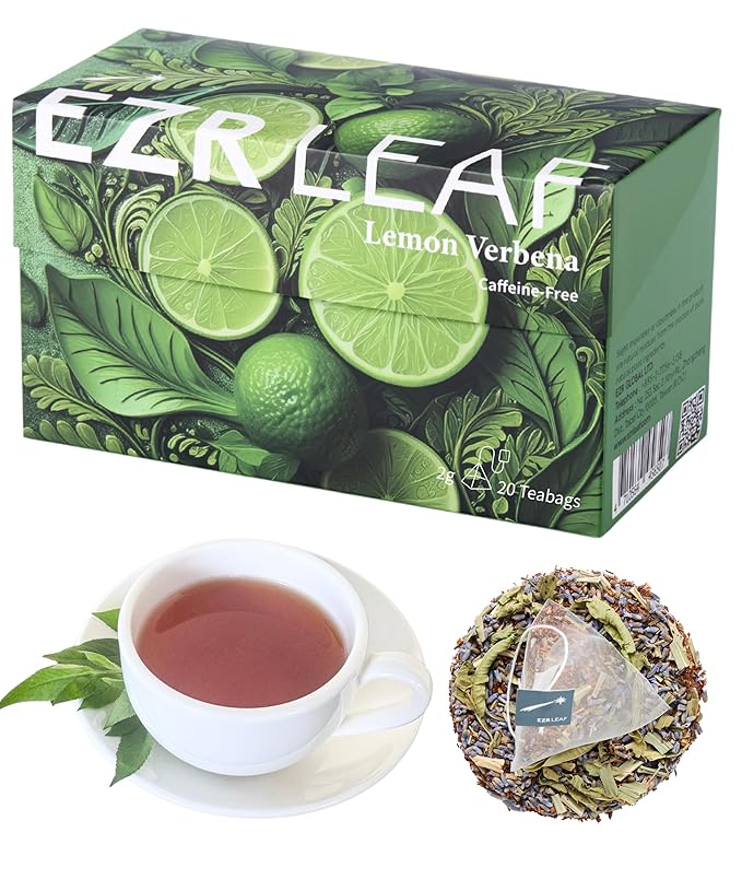 EZR Leaf Lemon Verbena Herbal Tea Caffeine-Free Decaf Relaxing Blend 20 Pyramid Tea Bags 1.4 Once with Rooibos, Lavender, Lemongrass