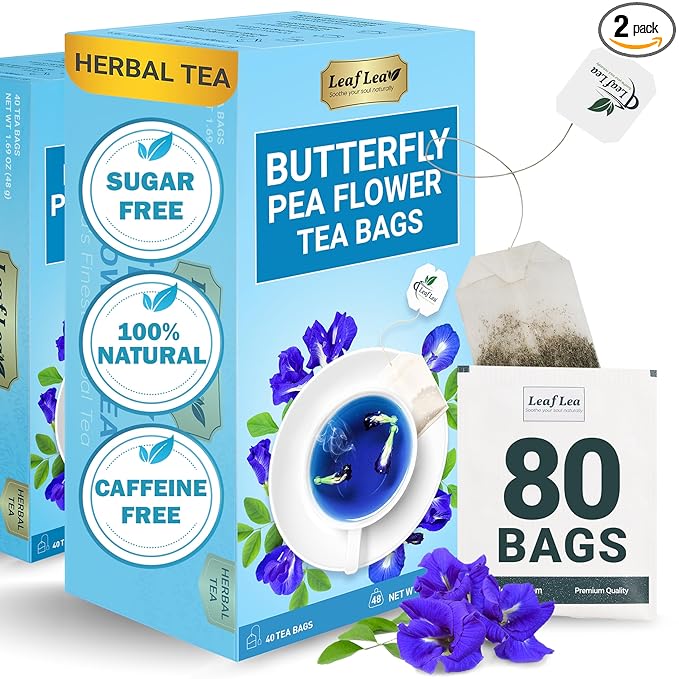 LeafLea 80 Butterfly Pea Flower Tea Bags, Natural Herbal Tea for Blue and Purple Drinks, Mocktails, and Food Coloring, Caffeine-Free, Sugar-Free, Non-GMO, Pack of 2