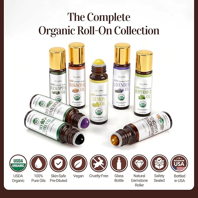 BodyJ4You Frankincense Essential Oil Roll On - Pure 100% USDA Organic Castor Oil + MCT Coconut Oil - Natural Tigerite Stone Roller - Skin Care Calm Breathwork - Amber Glass Bottle Rollerball (10ml)