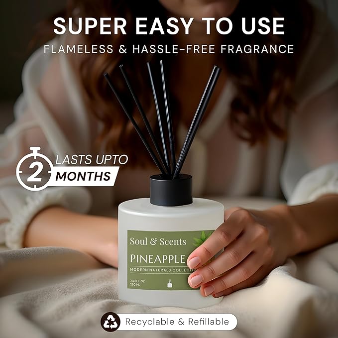 Soul & Scents Reed Diffuser Set – Pineapple | 7.43 oz Refillable Scented Oil with 6 Fiber Sticks | Long-Lasting Home Fragrance & Air Freshener for Bedroom, Bathroom, Office | Gift & Décor Piece