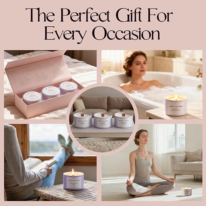 Candle Gift Set for Women – 3 Scented Soy Candles in Pink Gift Box – Orchid & Jasmine, Sweet Coconut, Rose Blossom – Birthday Gifts for Women, Christmas Gifts, Housewarming, Aromatherapy Candles