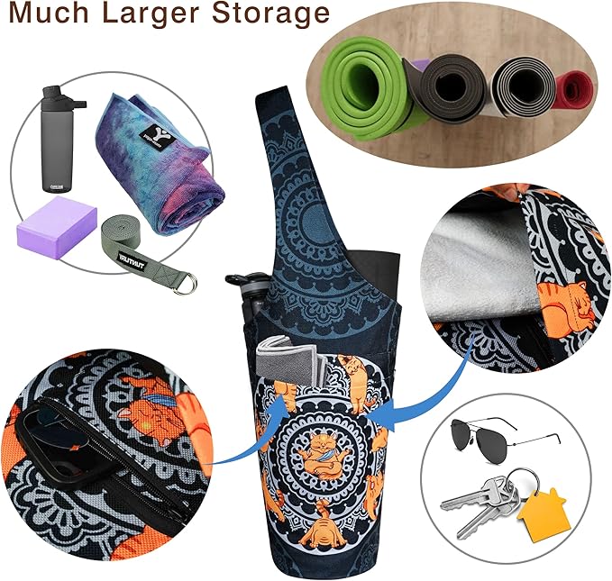 Fashion Printed Yoga Mat Bag with Large Side Pocket & Zipper Pocket Long Tote Yoga Bag Fit Most Size Mats - Holds More Yoga Accessories