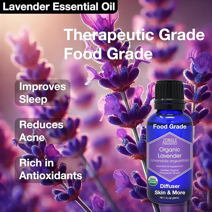 Organic, Lavender Essential Oil, Food Grade, for Drinks, Skin, Hair – 100% Pure, Lavender Oil, by Zongle Therapeutics, 1 OZ