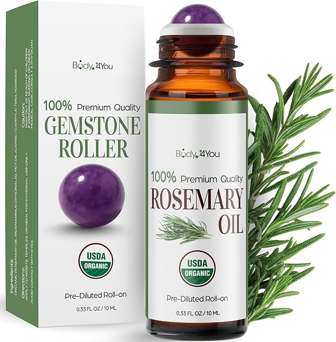 BodyJ4You Rosemary Essential Oil Roll On - Pure 100% USDA Organic MCT Coconut Oil - Natural Amethyst Stone Roller - Scalp Care Roots Temple Massage Hairline - Amber Glass Bottle Rollerball (10ml)