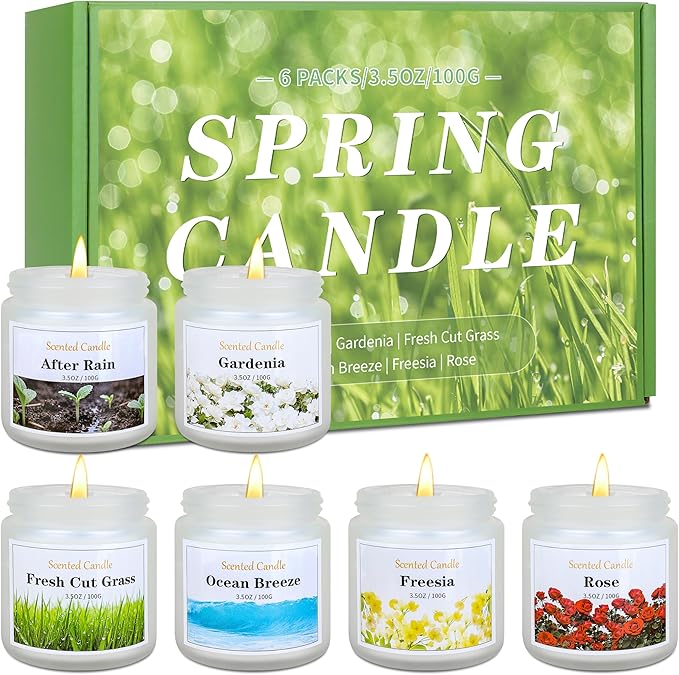 Spring Candle Set, 6 Pack Floral Scented Candles, 21 oz Soy Candles for Home Scented, Spring Gifts Set for Women & Men, Freesia/Rose/After Rain/Gardenia/Fresh Cut Grass/Ocean Breeze