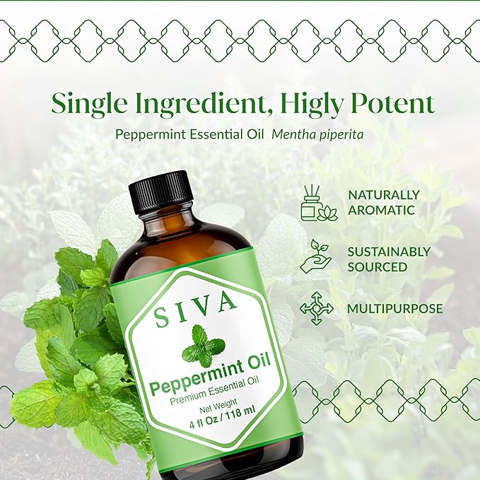 Siva Peppermint Essential Oil - 4 Fl Oz – 100% Natural Peppermint Oil - for Diffuser, Face, Skin Care, Aromatherapy, Hair Care, Scalp and Body Massage - with Dropper