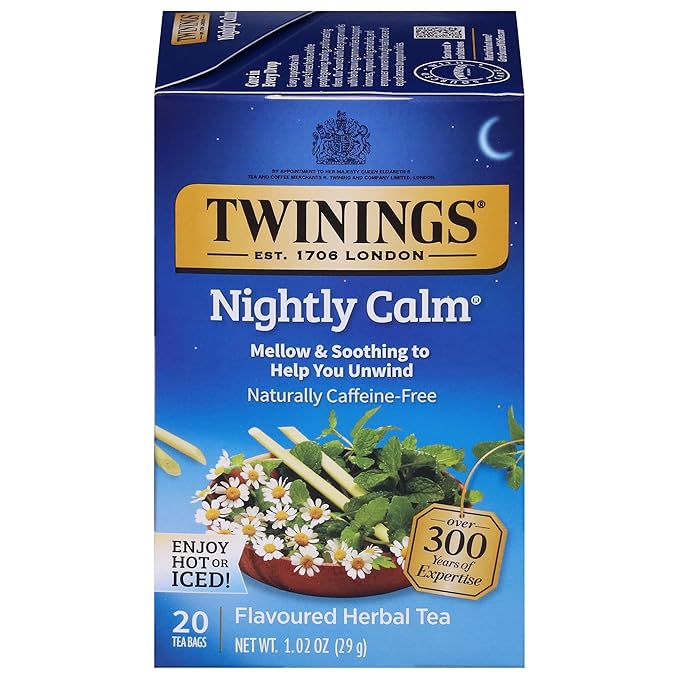 Twinings Nightly Calm Herbal Tea Individually Wrapped Bags, 20 Count (Pack of 1), Spearmint & Lemongrass, Naturally Caffeine-Free, Enjoy Hot or Iced, 20 Teabags