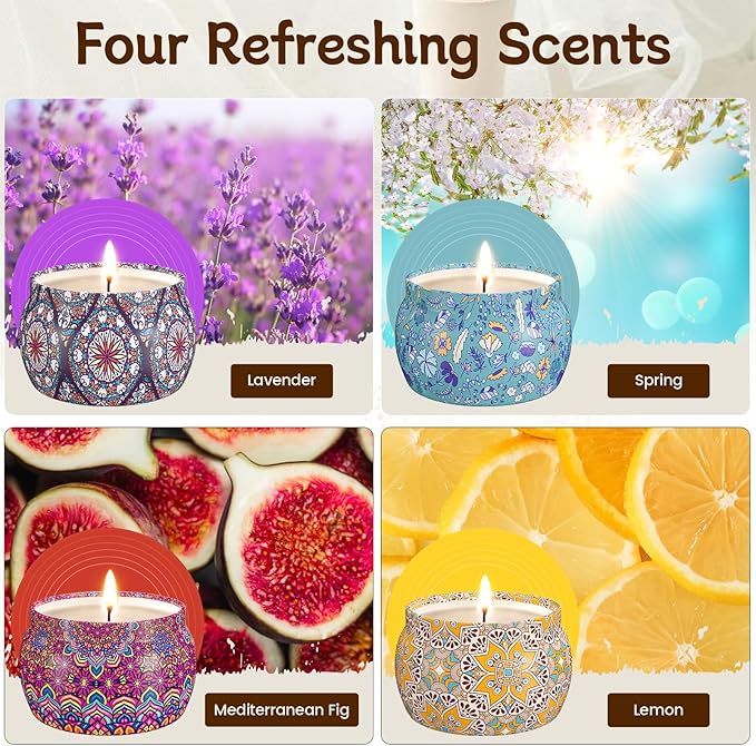 TranquilBliss Scented Candle Set, 4 Pack Soy Wax Candles, 120H Burn Time, Ideal Gifts for Women, Birthday Presents