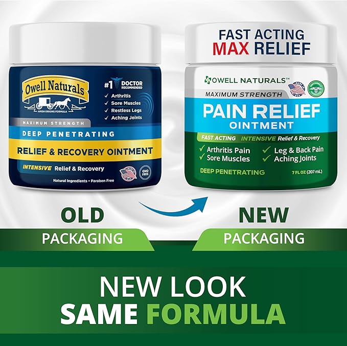 OWELL NATURALS Deep Penetrating Pain Relief Ointment, Natural Cream Fast Acting Formula for Back, Knee, Joint & Muscle Discomfort, Long-Lasting Soothing Balm, 7 oz