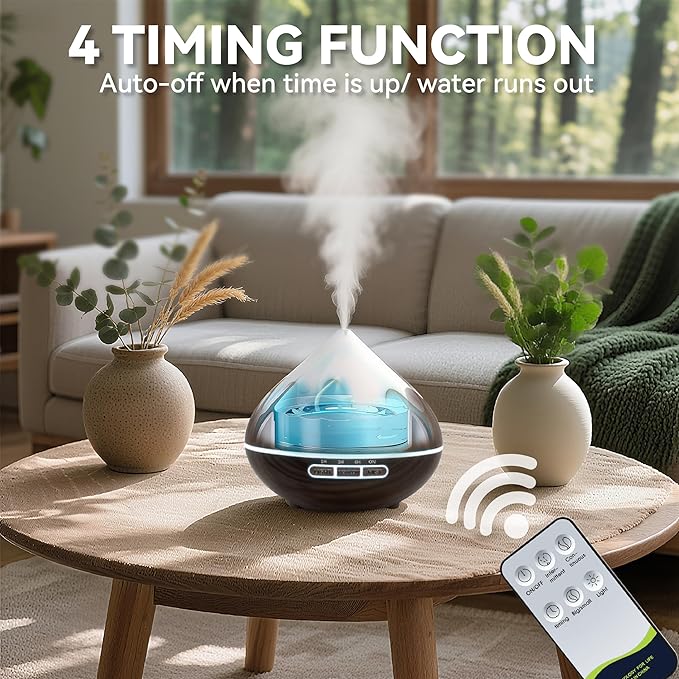 500ML Essential Oil Diffuser, Aromatherapy Diffuser with Remote Control, Multifunctional Air Diffusers for Home Office Room, Fragrance Aroma Diffuser with 7 Color LED & 2 Mist Mode, Dark Brown