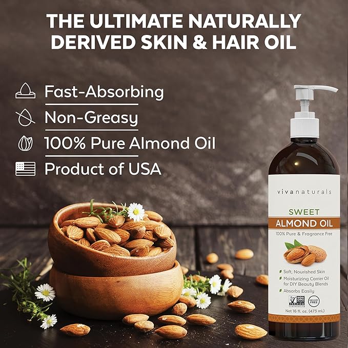 Viva Naturals Sweet Almond Oil, 16 fl. oz – Skin & Hair Moisturizer, Body & Massage Oil, Carrier Oil for Essential Oils, Non-Greasy & Pure