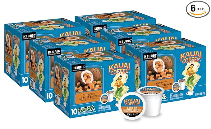 Kauai Coffee Coconut Caramel Crunch Flavor - Compatible with K-Cup Brewers, 10 CT (Pack of 6)