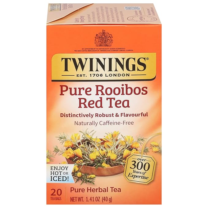 Twinings Pure Rooibos Red Herbal Tea Individually Wrapped Bags, 20 Count (Pack of 1), Sweet with Uplifting Aroma, Naturally Caffeine-Free, Enjoy Hot or Iced, 20 Teabags