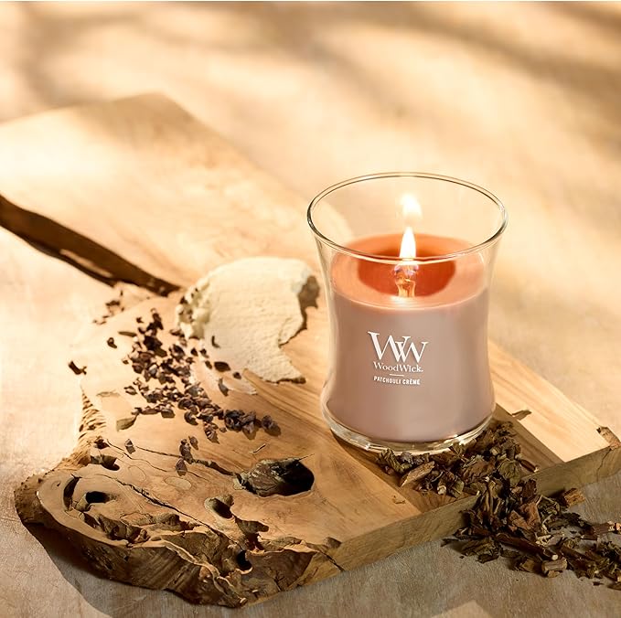 WoodWick Patchouli Crème Gifts for Women and Men, 9.7 oz Medium Hourglass Candle with Crackling Wick