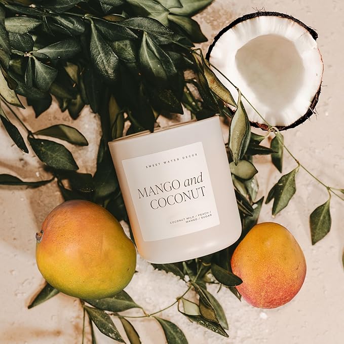 Sweet Water Decor Mango and Coconut Soy Candles - Coconut, Peach, Mango, Sugar, and Pineapple Scented Candles & Home Decor – Summer Scent - 15oz Tan Matte Jar, 70 Hour Burn Time, Made in The USA