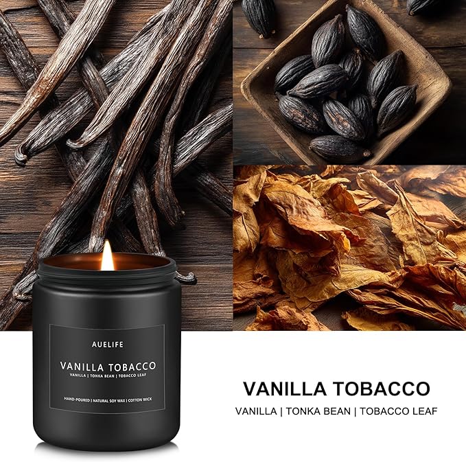 Vanilla Tobacco Candle for Men | Masculine Scented Soy Candles - Home Fragrance, Aromatherapy Gifts for Men - 7oz Black Jar, Long-Lasting Luxury Decor
