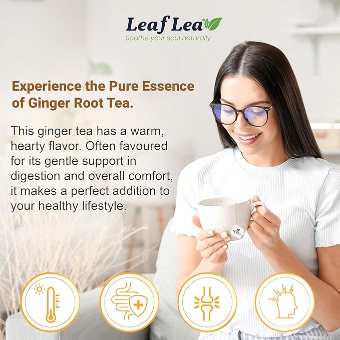 LeafLea 120 Ginger Tea Bags, 100% Pure Ginger Root Herbal Tea, Spicy & Warming Flavor, Supports Digestion & Immune Health, Individually Wrapped, Caffeine-Free, Sugar-Free, Gluten-Free, Non-GMO, Vegan