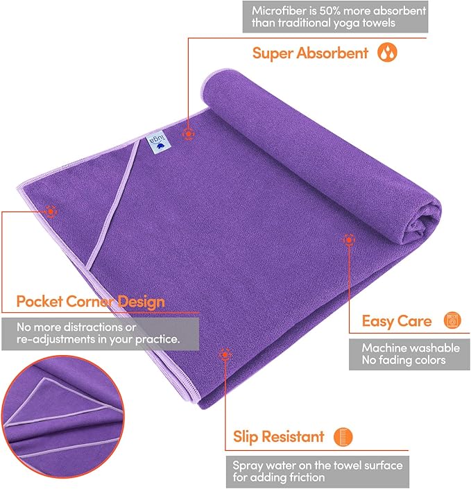 IUGA Yoga Towel for Hot Yoga Non Slip Extra Thick Yoga Mat Towel + Hand Towel 2in1 Set with Corner Pockets Super Absorbent and Quick Dry Hot Yoga Towel