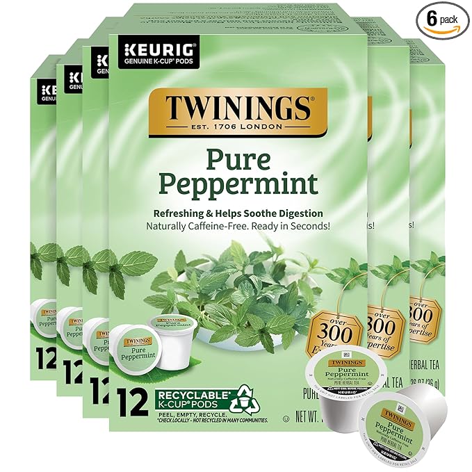 Twinings Pure Peppermint Herbal Tea 72 K-Cup Pods for Keurig, 12 Count (Pack of 6), Made with 100% Pure Peppermint, Naturally Caffeine-Free, Enjoy Hot or Iced