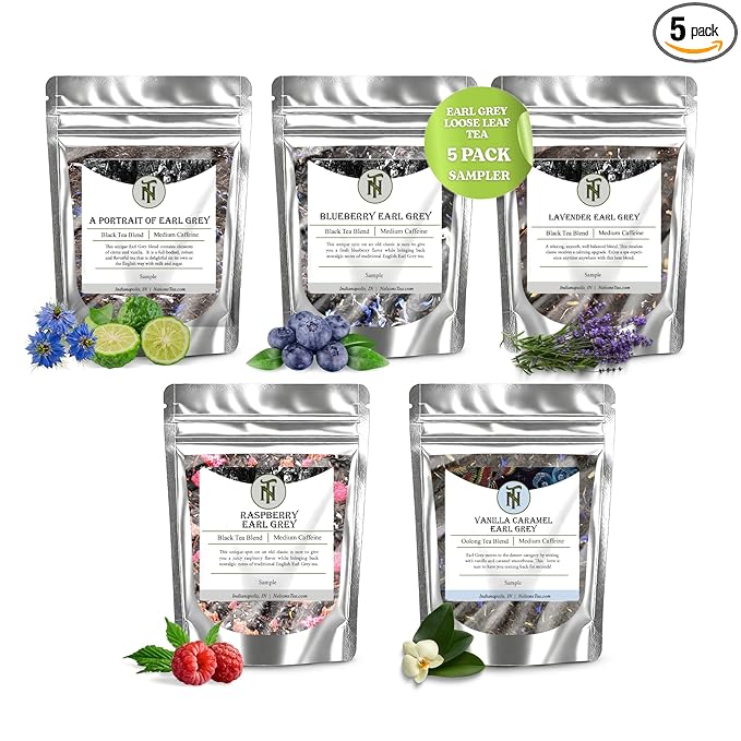 Nelson's Tea Earl Grey Sampler Pack Tea - Loose Leaf Tea Sampler - A Portrait of Earl Grey, Blueberry EarlGrey, Lavender EarlGrey, Raspberry Earl'Grey, Vanilla Caramel Earl'Grey - Sample Sizes