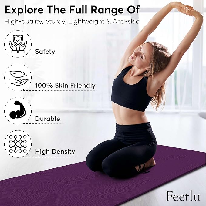 Feetlu Extra Thick 12mm Exercise Mat – Non-Slip, Joint-Friendly & Cushioned Fitness Mat for Yoga, Pilates & Floor Workouts – Durable, Supportive & Includes Feetlu Classic Strap