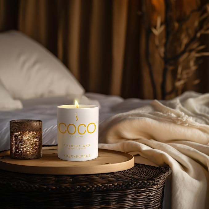 COCO by Stone 6.5oz Candle, Coconut Apricot Wax Candle for Home (Honeysuckle) Home Fragrance Products, 1 Wick Candle, Enhance Indoor Aroma, Vegan & Cruelty-Free, Clean Burning and Hand Poured Candle