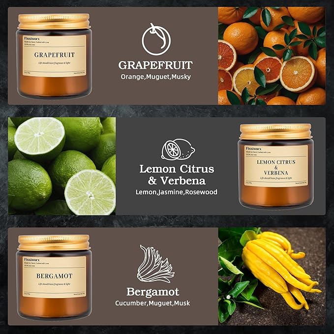 9 Pack Soy Candles for Home Scented | Grapefruit/Lemon Citrus/Bergamot Aromatherapy Candle Set in Amber Jar, Natural Scented Candles Gift for Women & Men, Birthday, Mother’s Day, Christmas