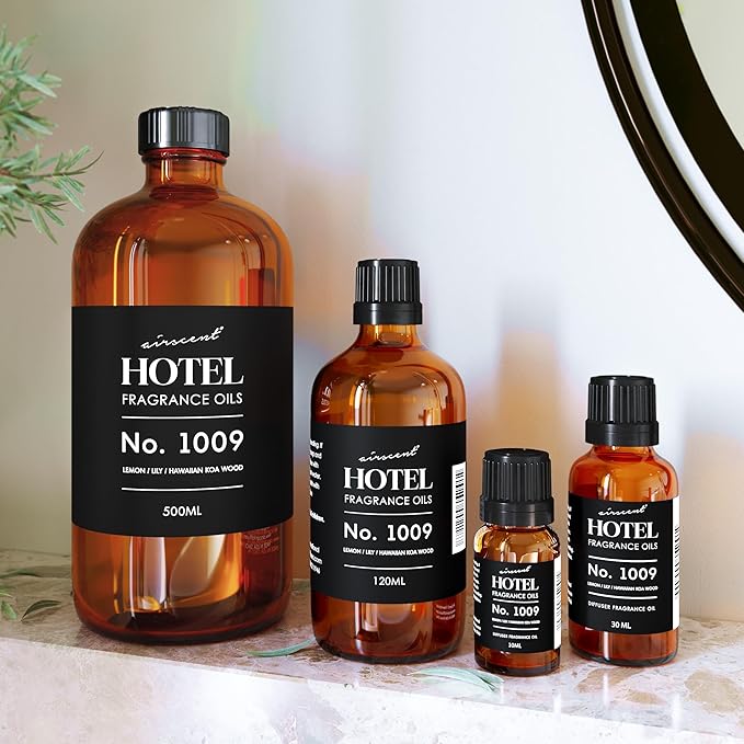 AirScent Hotel Diffuser Oil No. 1009 - Lemon Lily Hawaiian Koa Wood - Hotel Scent Dupe - Premium Fragrance Oil for Ultrasonic and Waterless Diffusers and Crafting - 120 mL, 4 fl oz Glass Bottle