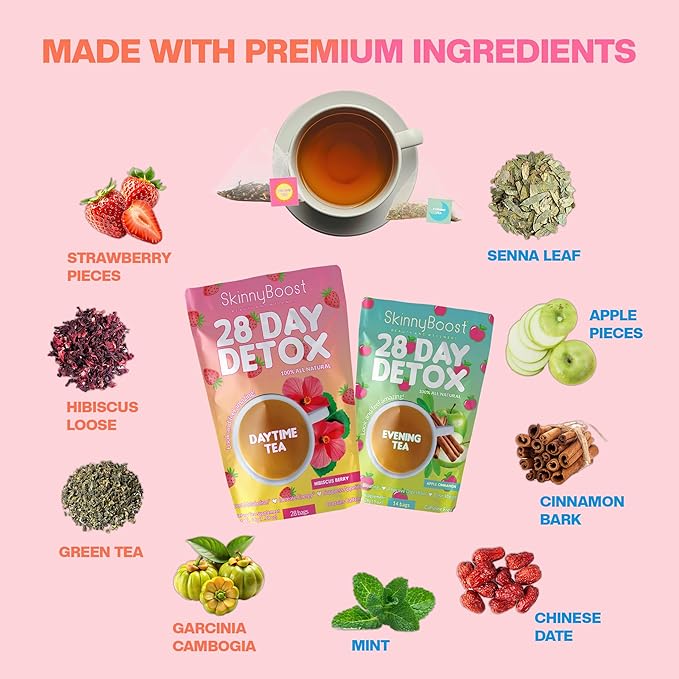 Skinny Boost Detox Tea Kit- 2 PACK –1 Daytime HIBISCUS (28 Bags) + 1 Evening APPLE CINNAMON-(14 Bags) – Herbal Detox for Energy, Bloating & Colon Cleanse – Green Tea, Vegan, Keto, Non-GMO, Sugar-Free
