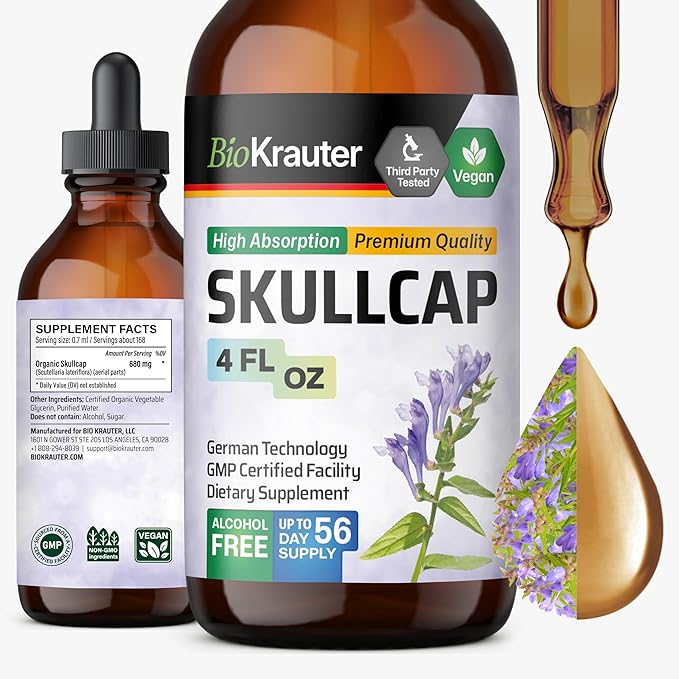 BIO KRAUTER Skullcap Herb Tincture - Scutellaria Lateriflora Liquid Extract - Alcohol and Sugar Free Skullcap Tincture - Vegan Drops 4 Fl.Oz.