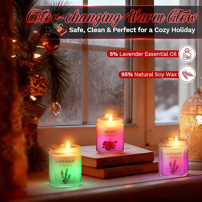 Valentine's Day Glowing Scented Candles with Sensor Light, Aromatherapy Candles Gifts for Women, Rose Vanilla Lavender Candle, Natural Soy Candle for Home Scented, Women Valentine Gift