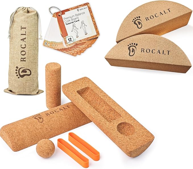 Rocalt Cork 4 In 1 Balance Board + 2 Pack Cork Yoga Blocks, Premium Cork Foot & Ankle Strengthener Kit, Half Moon Yoga Block & Calf Stretching