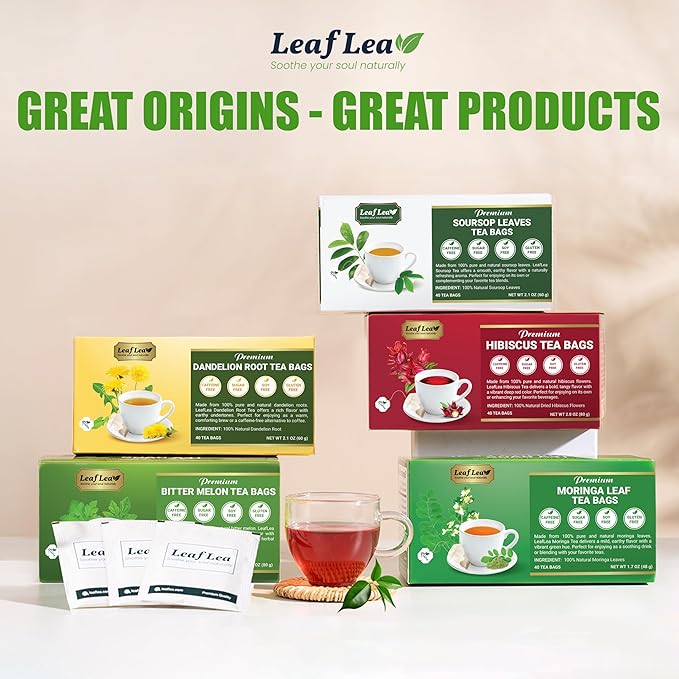 LeafLea Dandelion Root Tea Bags, 160 Dandelion Tea Bags, Natural Dried Dandelion Root, Caffeine-Free, Vegan, Gluten-Free, No Sugar, Sealed for Fresh Flavor, 4 Pack