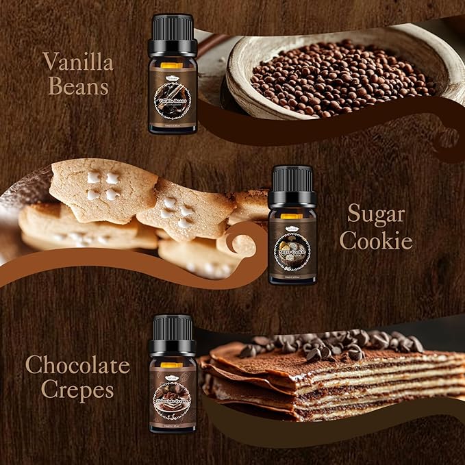Bakery Essential Oils Set, Fragrance Oil for Diffusers for Father's Day, Candle Making, Aromatherapy Scented Oil Gift for Men - Vanilla Bean, Cookies, Chocolate Crepes, Cupcakes, Cinnamon Rolls, Bread