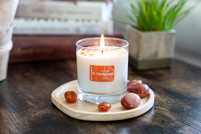 Luxury Glass Jar Candle, 8 OZ, Choose Optimism - Carnelian Crystal Infused - Honeysuckle, Orange, Kumquat & Cedar - Hope, Coconut Wax, Essential Oilsonfidence, & Success - C