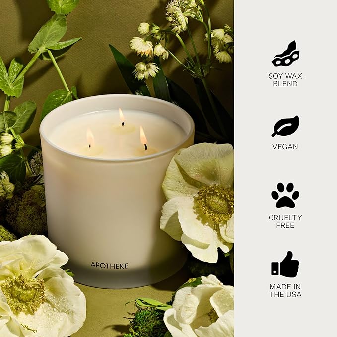 Apotheke 3-Wick Scented Candles for Home, Verdant Garden - 26 oz Soy Wax Jar Candle Gift for Women - Long-Lasting Fragrance with Perfume-Grade Essential Oils - Cedarwood, Jasmine, Fig & Coconut